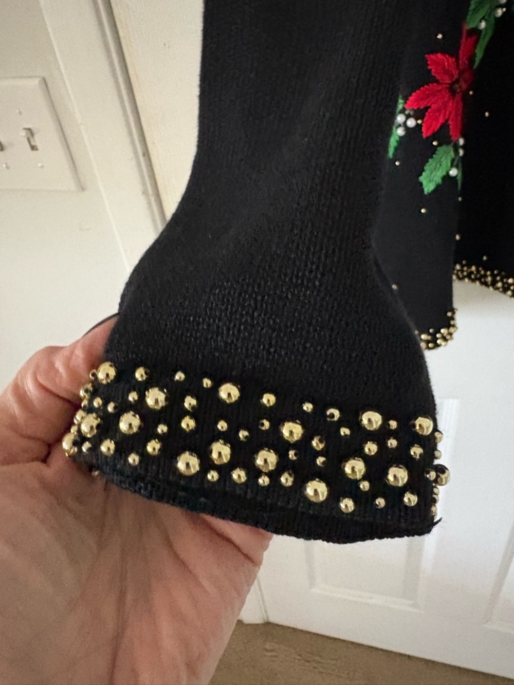 Black Christmas Sweater Poinsettia Beaded Holiday Pullover size 2X - Picture 5 of 7